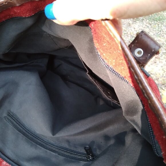 RichRed Suede Encased In Deep Brown Sturdy Tooled CowHide Colorful Woven Patches - Picture 9 of 11